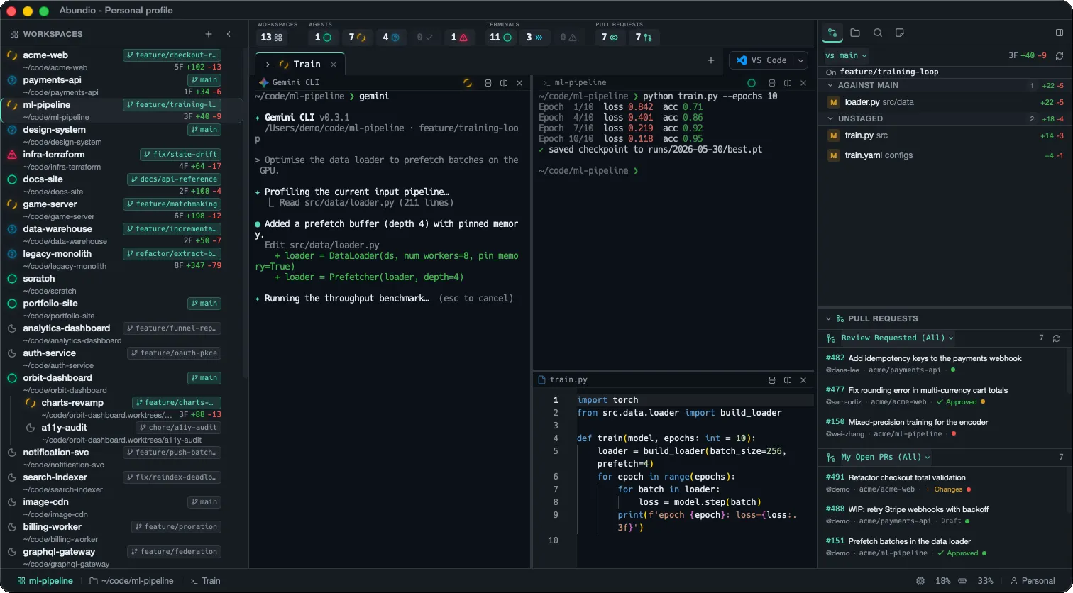 The Abundio desktop app: a workspace sidebar, multiple terminal splits, an integrated editor, and a git / pull-request panel — all in one dark window.